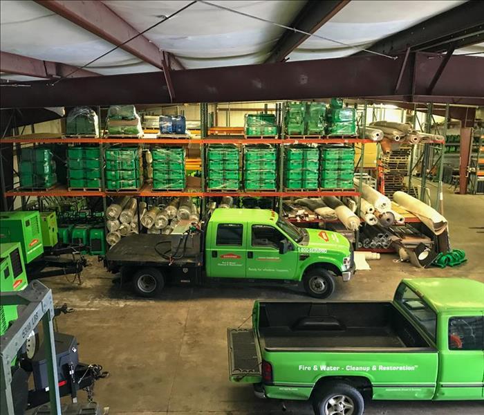 SERVPRO trucks and equipment set up in our Franklin warehouse